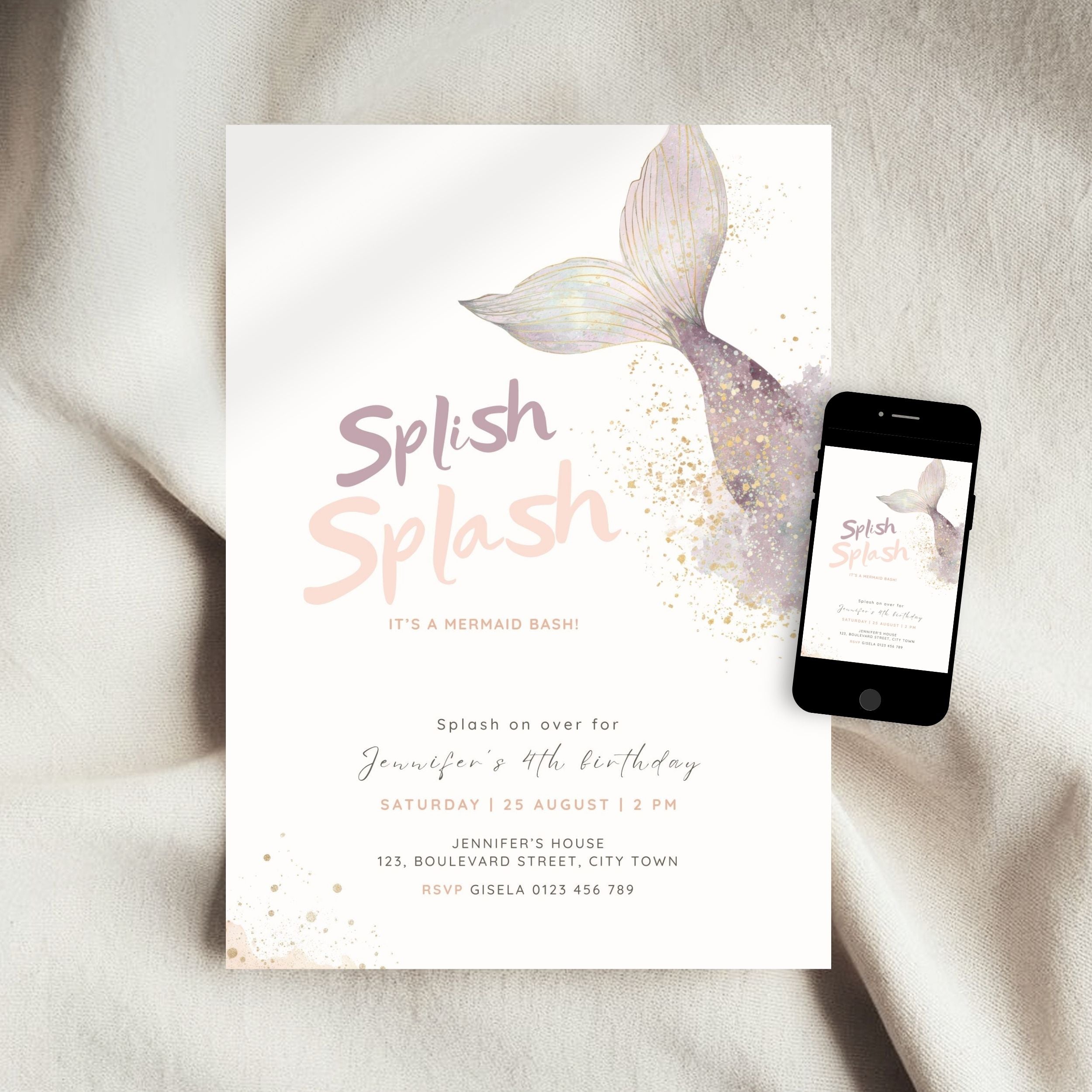 A mermaid-themed birthday invitation card with a watercolor mermaid tail and gold glitter accents, styled on a soft white fabric background next to a smartphone showing the digital version of the invitation.