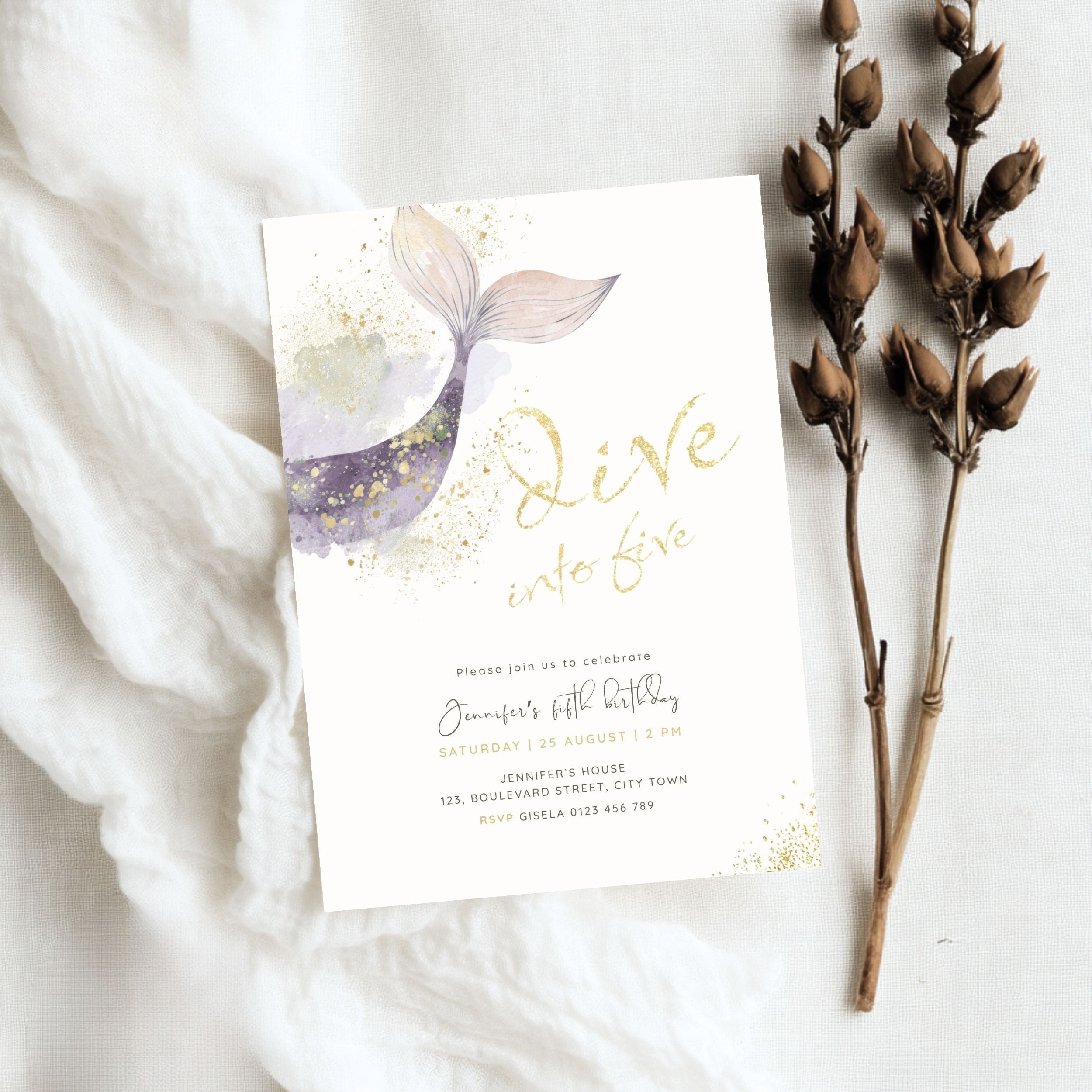Dive into Five Mermaid Birthday Invitation Template