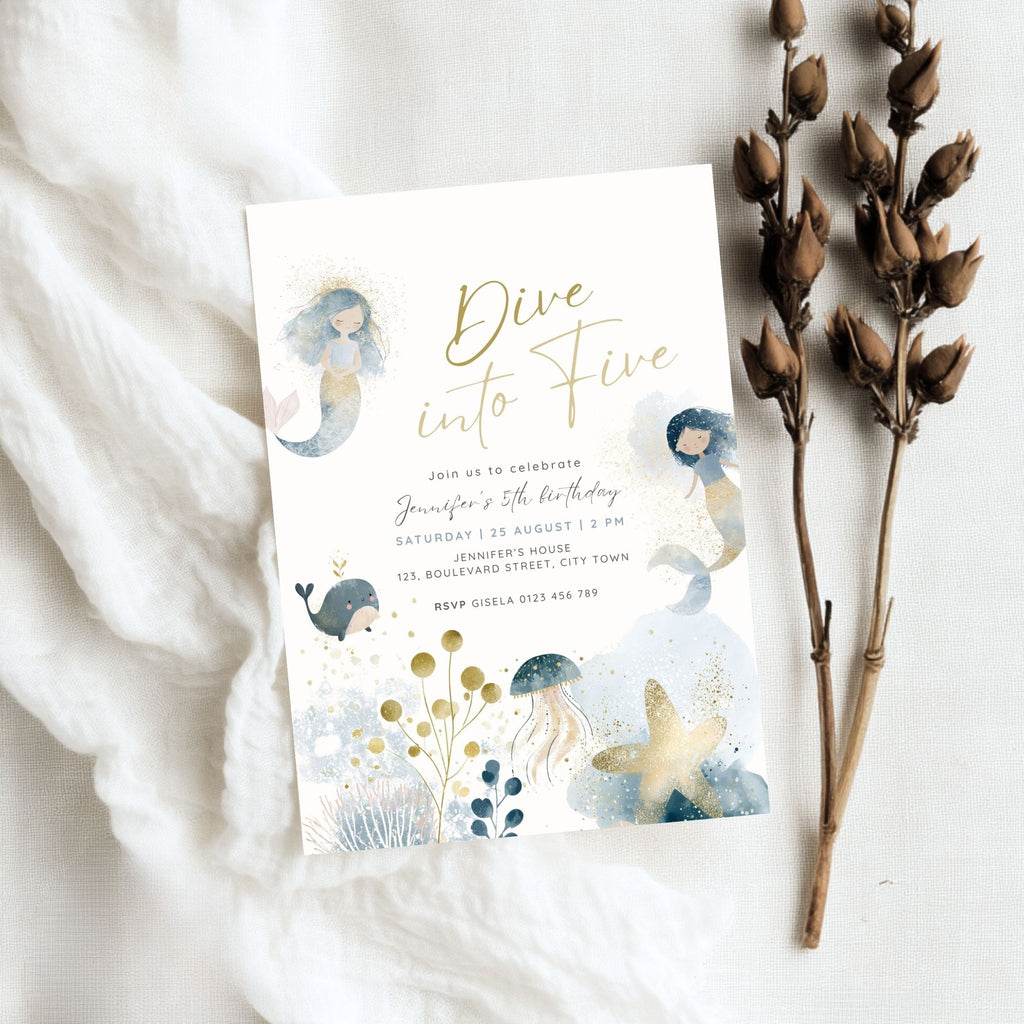 5th birthday invite customization example, mermaid design