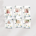 Six baby milestone photo cards arranged on a light gray background. The cards are white with blue and gold watercolor sea-themed illustrations, including starfish, jellyfish, seashells, and blue sea plants.