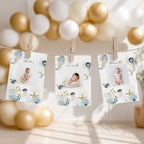 Three personalized baby milestone photo prints clipped to a string banner, displayed in a soft, decorated nursery setting with gold and white balloons in the background.
