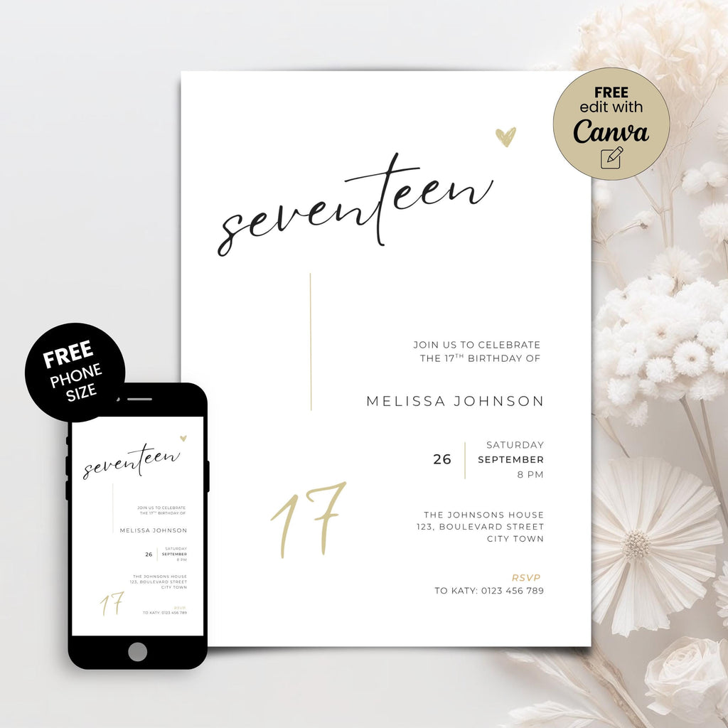 17th Birthday invitation card with a smartphone displaying the invitation on a white background.