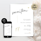 17th Birthday invitation card with a smartphone displaying the invitation on a white background.