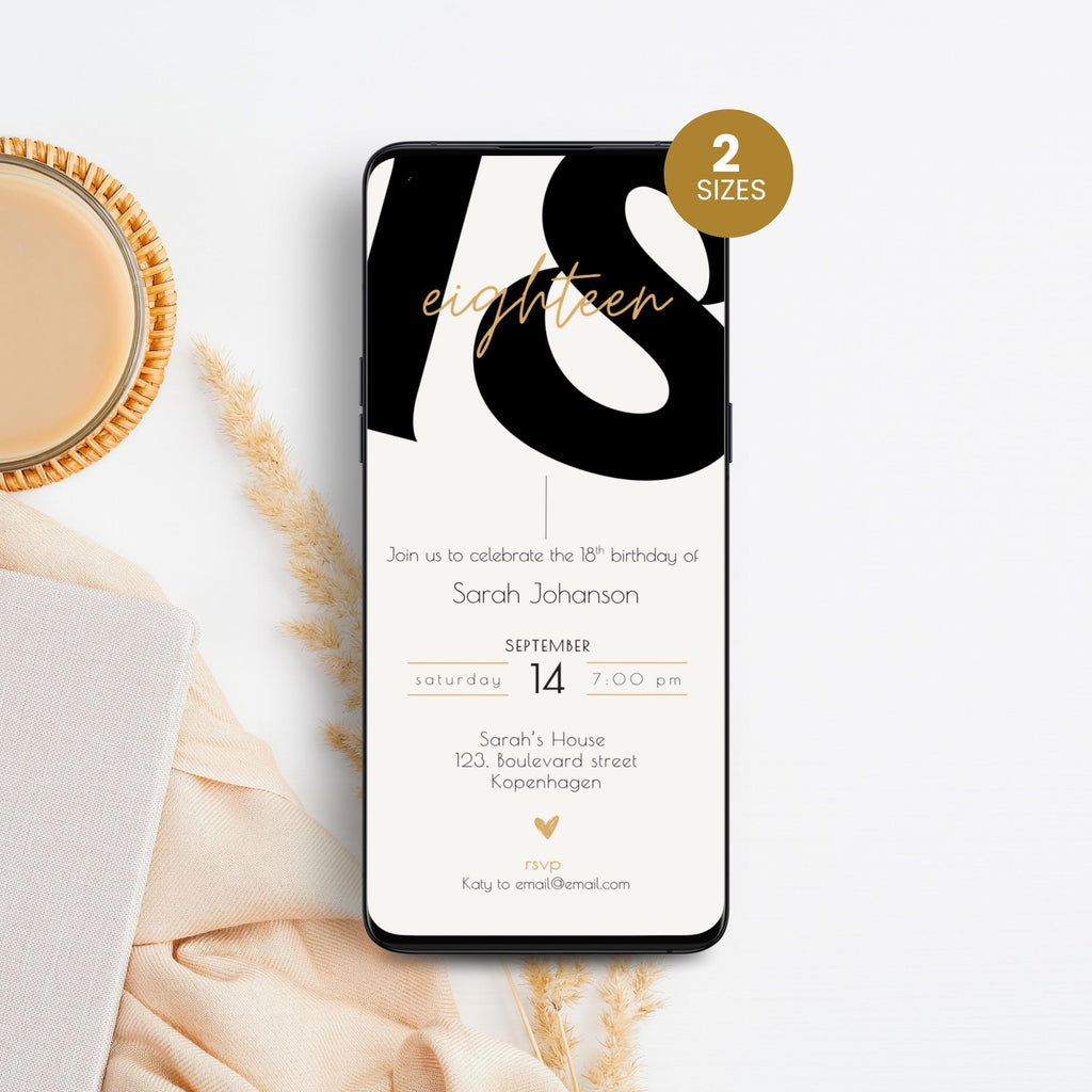 Phone displaying a 18th birthday invitation with a cup of coffee and decorative elements on a marble surface.