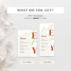 A digital template preview for a PDF menu card design, showing two vertical menu layouts labeled 5 x 7 inch and 4 x 9 inch on a light gray background with decorative dried flowers. Text at the top reads 'WHAT DO YOU GET?' and 'PDF Template editable in canva for 2 sizes'.