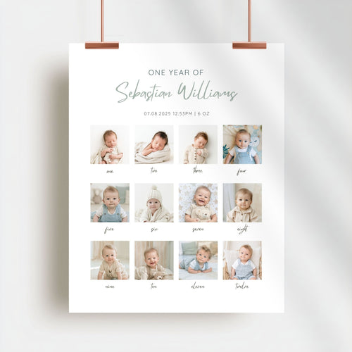 1st birthday milestone poster with twelve monthly photo grid