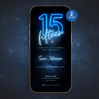 Phone screen displaying a neon glow 15th birthday invitation with blue neon text on a dark background