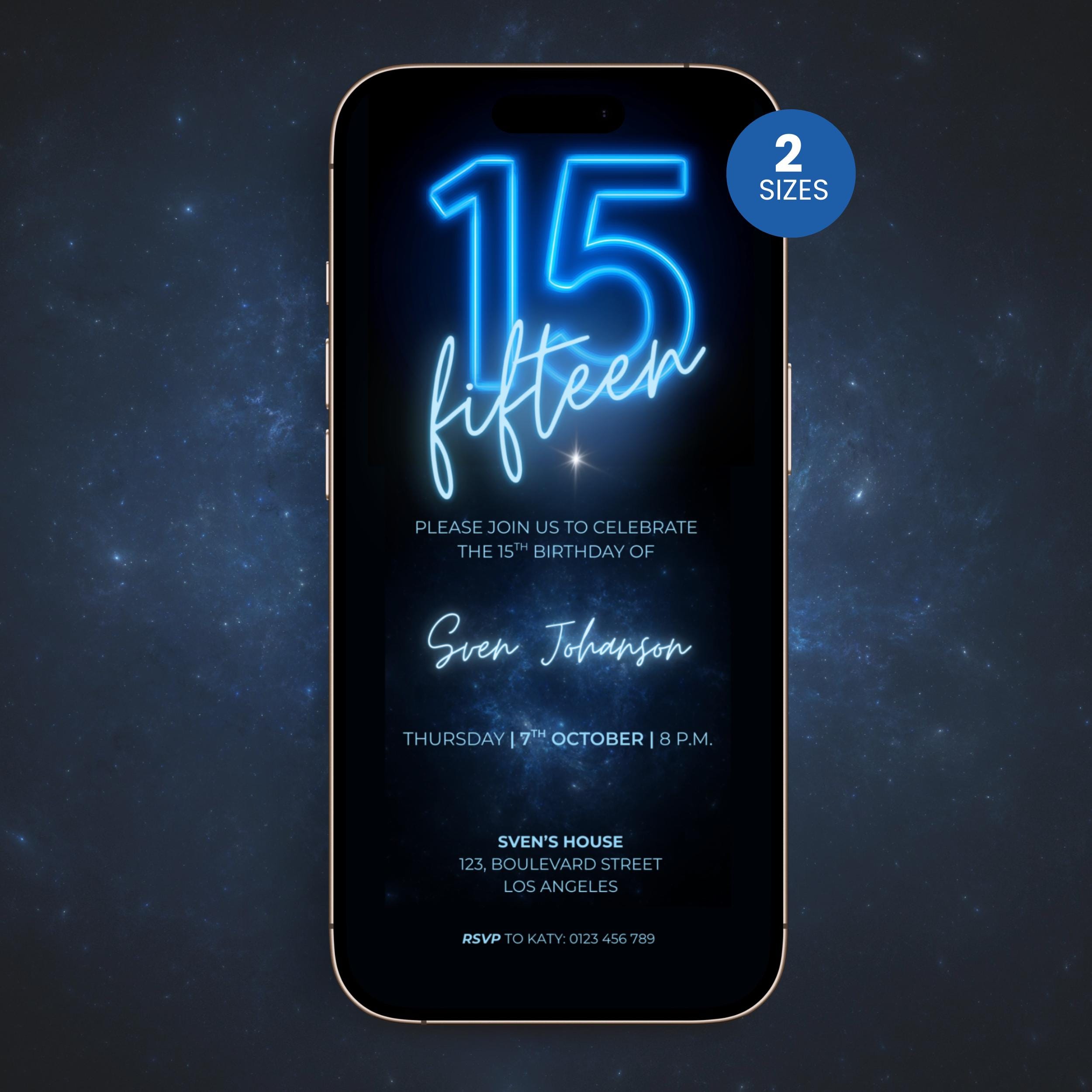 Phone screen displaying a neon glow 15th birthday invitation with blue neon text on a dark background