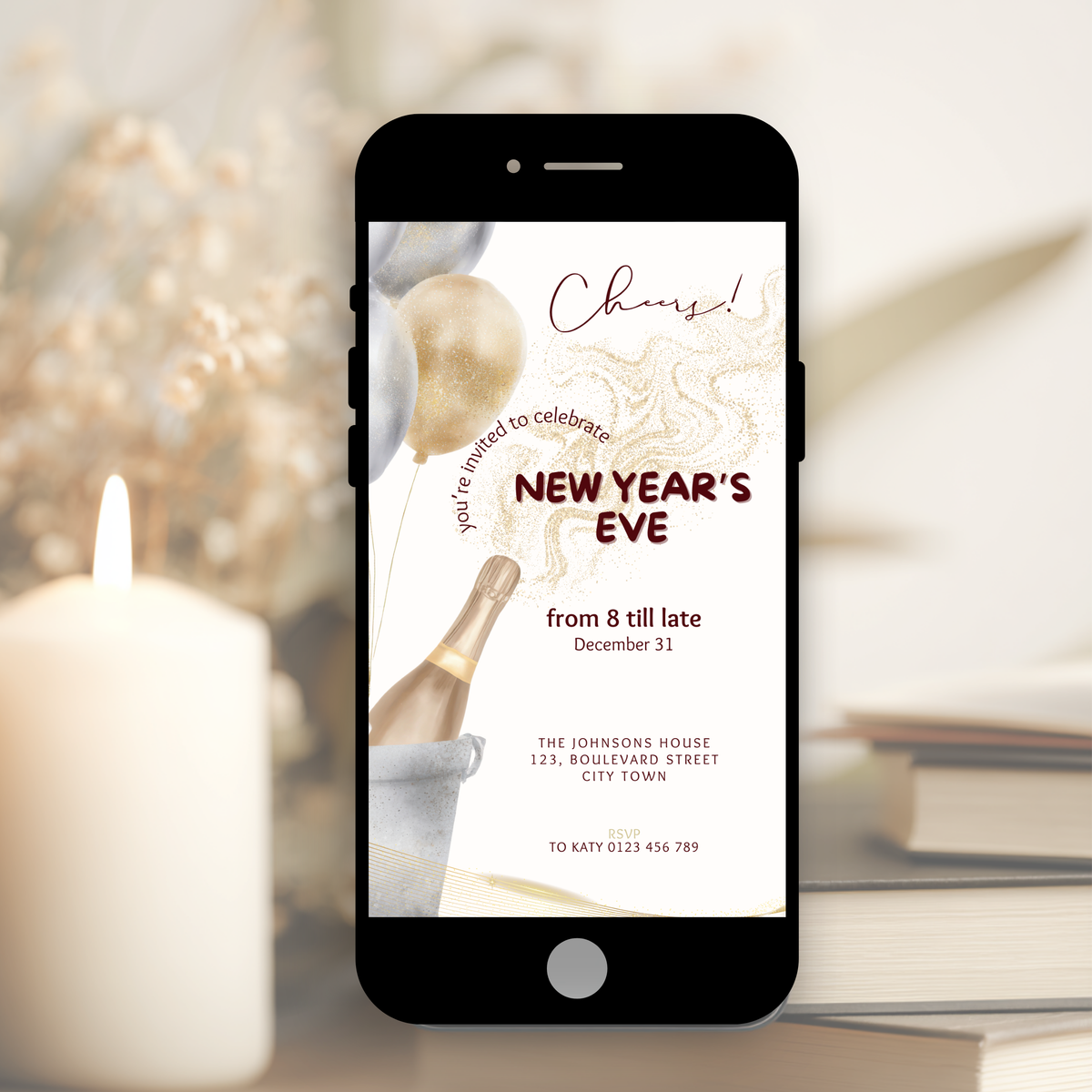 Modern cheers to New Year’s Eve invitation template preview, editable in Canva