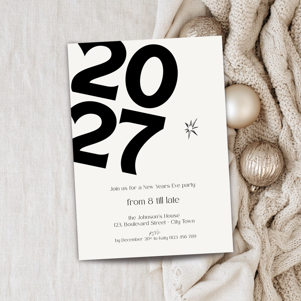 Modern New Year’s Eve 2027 party invitation template with a giant bold black 2027, with a phone mockup