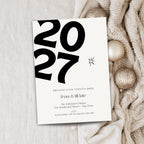 Modern New Year’s Eve 2027 party invitation template with a giant bold black 2027, with a phone mockup