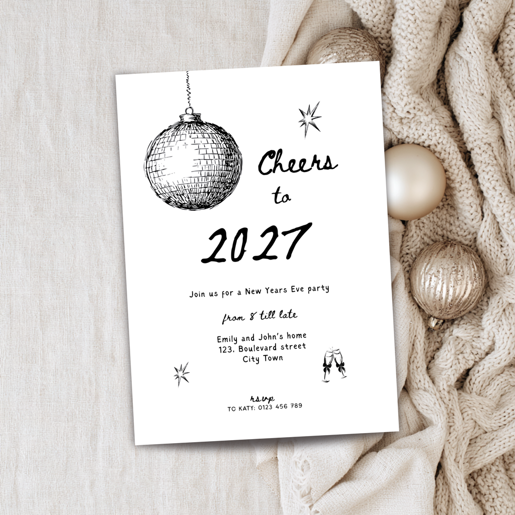 Cheers to New Year’s Eve 2027 party invitation template mockup