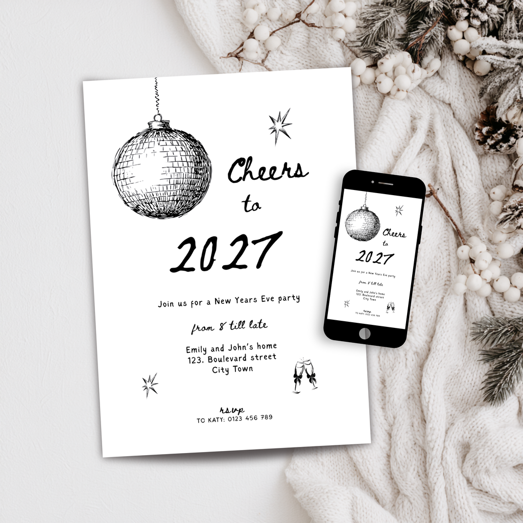 Cheers to New Year’s Eve 2027 party invitation template preview, editable in Canva