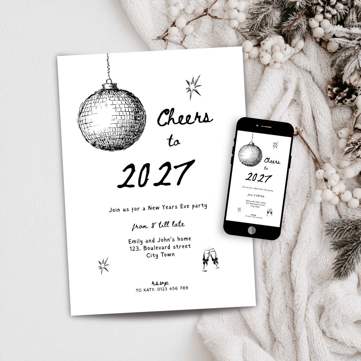Cheers to New Year’s Eve 2027 party invitation template preview, editable in Canva