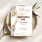 Modern cheers New Year’s Eve invitation template with Cheers script, gold and silver balloons and a champagne bottle, with a phone mockup