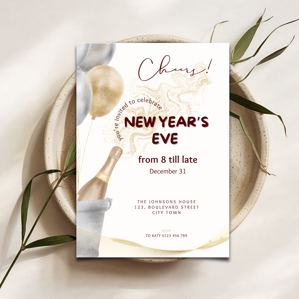 Modern cheers New Year’s Eve invitation template with Cheers script, gold and silver balloons and a champagne bottle, with a phone mockup