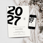 Modern New Year’s Eve 2027 party invitation template preview, editable in Canva