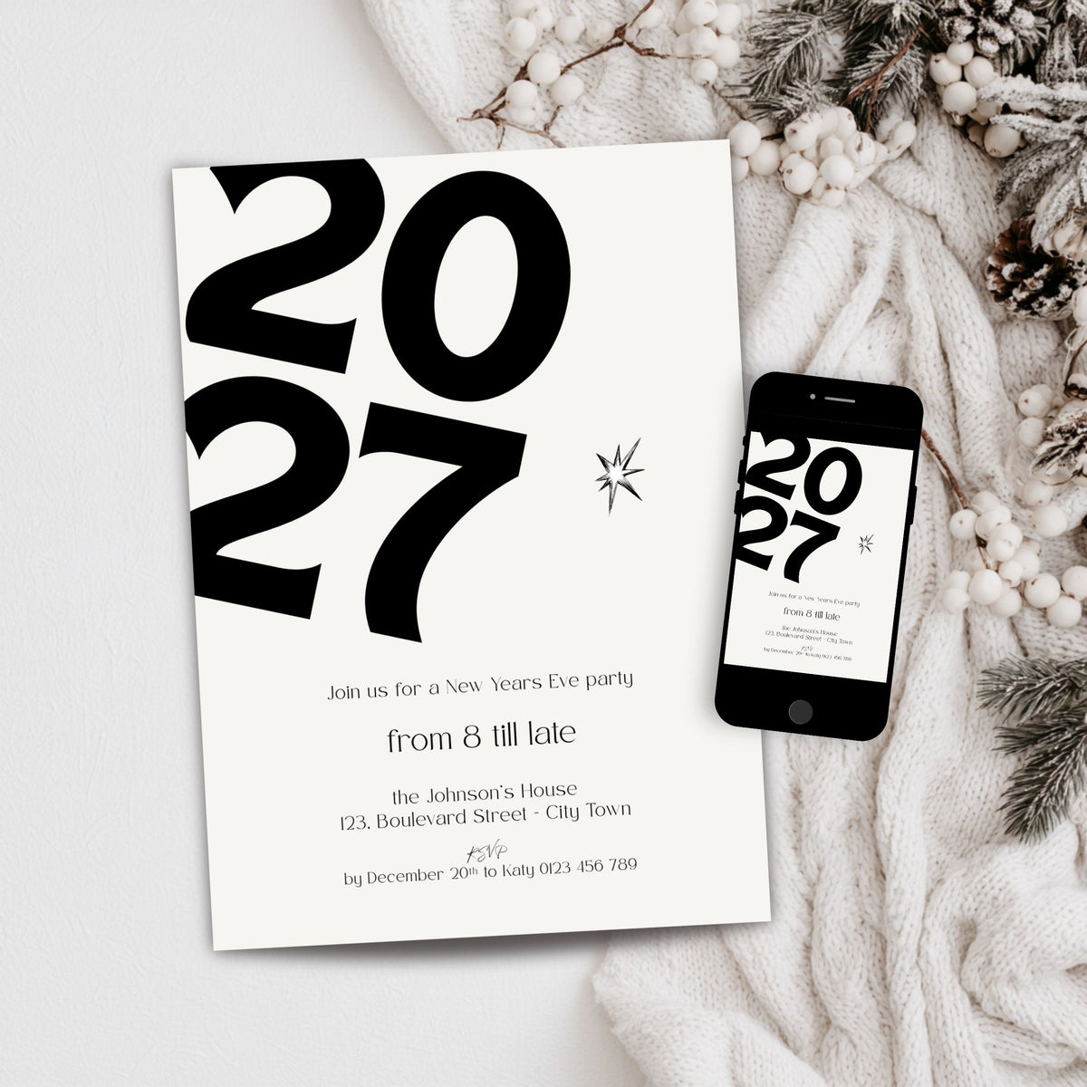 Modern New Year’s Eve 2027 party invitation template preview, editable in Canva