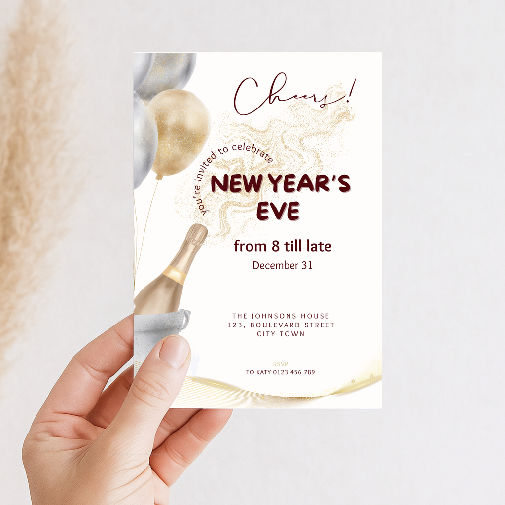 Close-up of the Cheers script on the New Year’s Eve invitation template