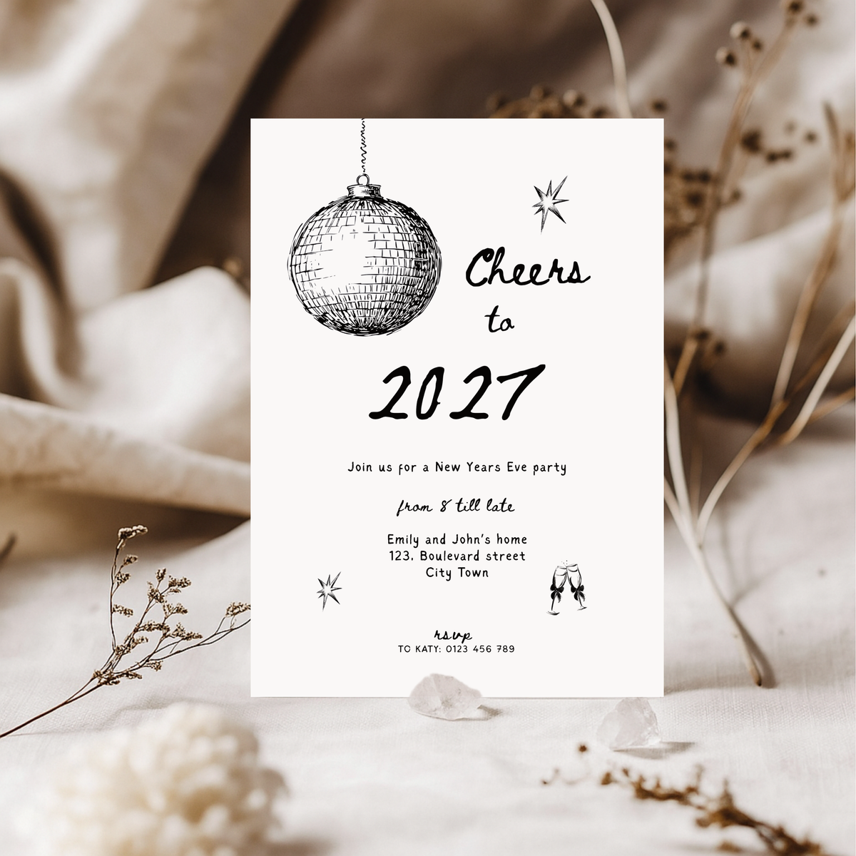 Cheers to 2027 New Year’s Eve party invitation template with a hand-drawn disco ball sketch, with a phone mockup