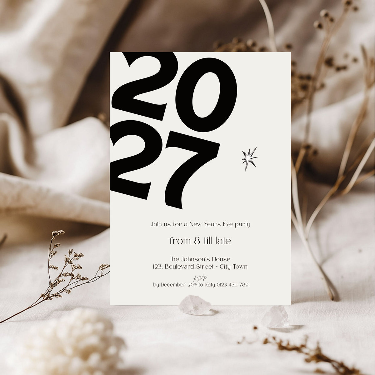 Modern New Year’s Eve 2027 party invitation template mockup