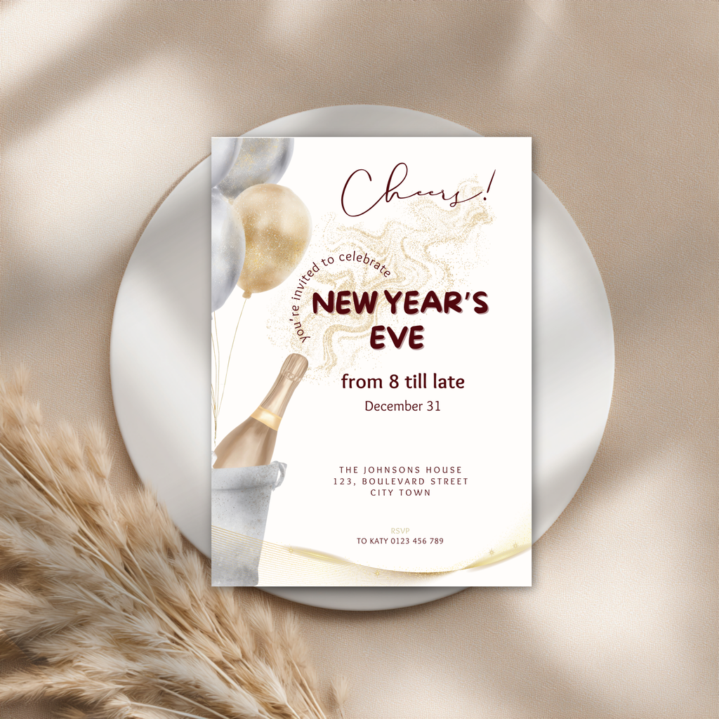 Modern cheers to New Year’s Eve invitation template shown on a smartphone screen