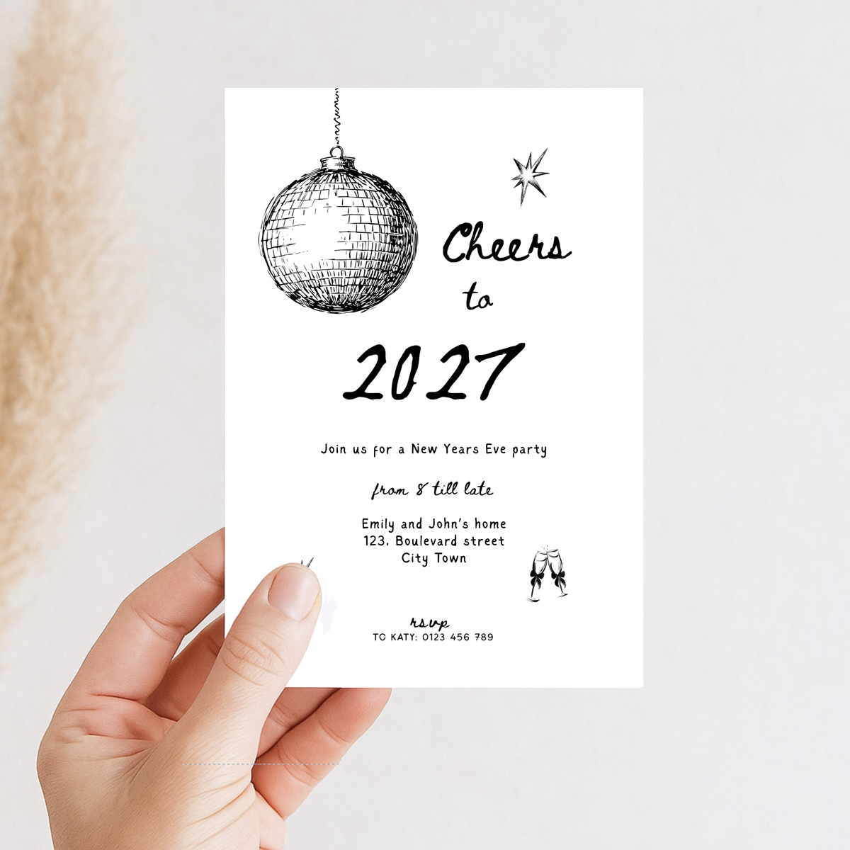 Close-up of the hand-drawn disco ball on the Cheers to 2027 invitation template