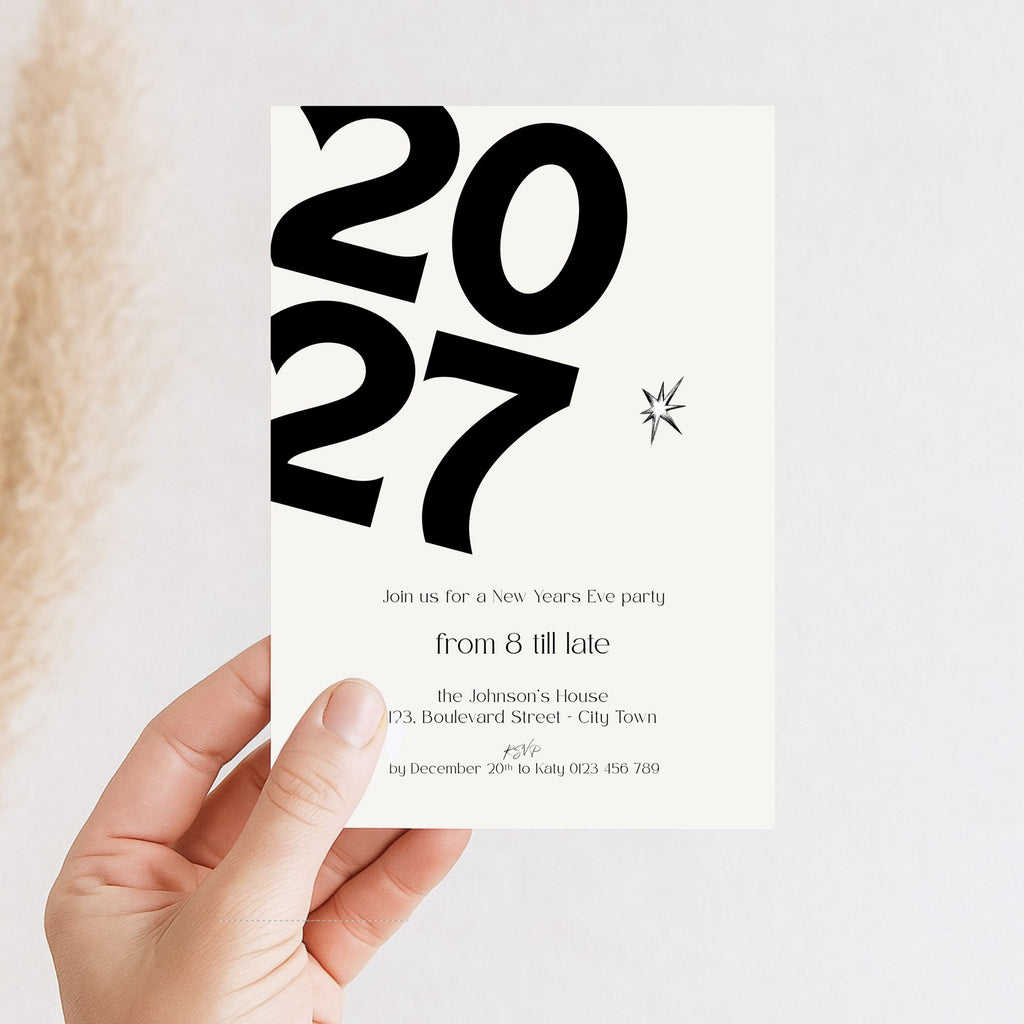 Close-up of the bold 2027 typography on the New Year’s Eve invitation template