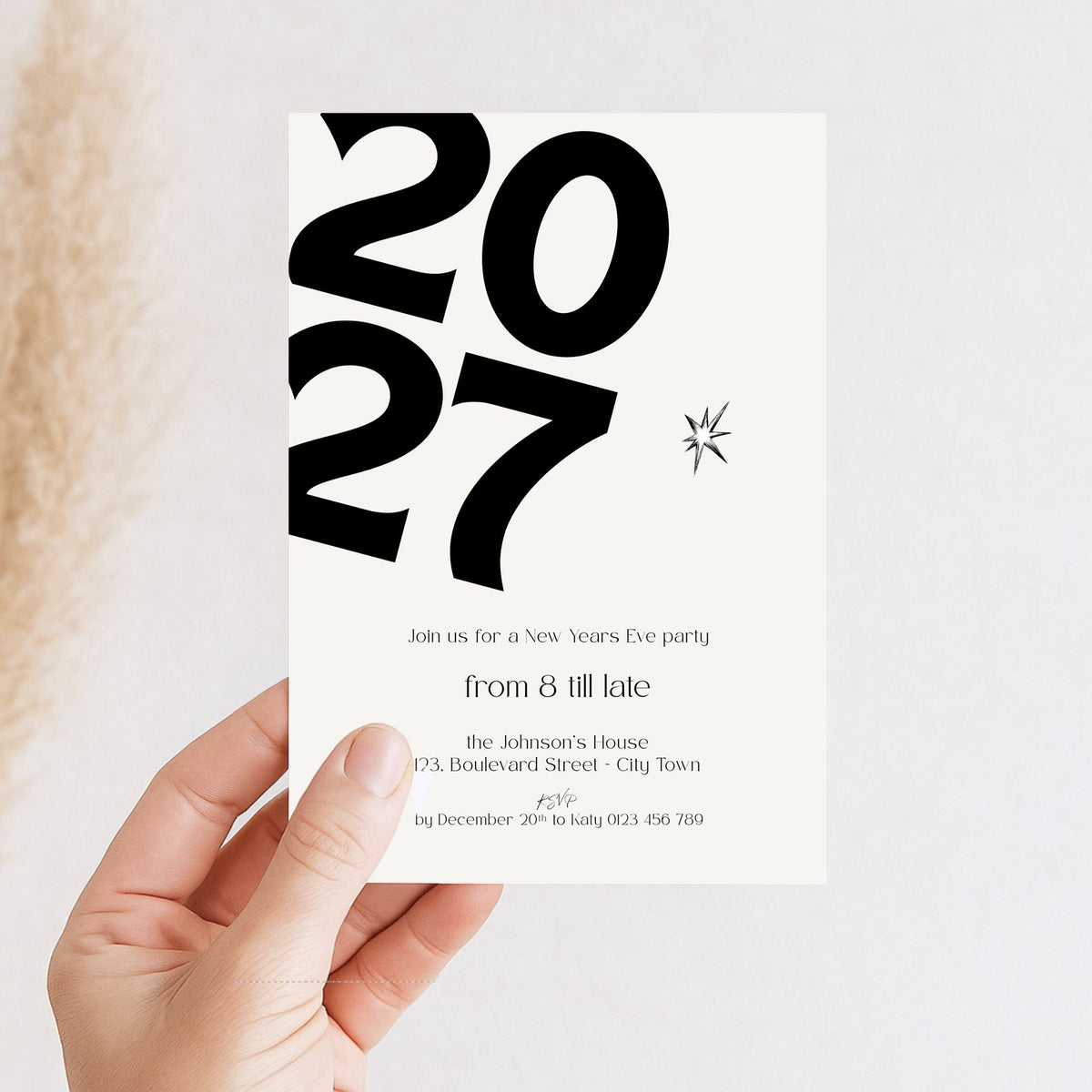 Close-up of the bold 2027 typography on the New Year’s Eve invitation template