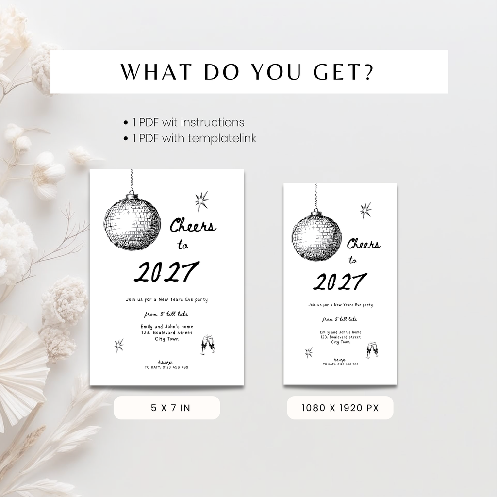 Cheers to New Year’s Eve 2027 party invitation template, detail view
