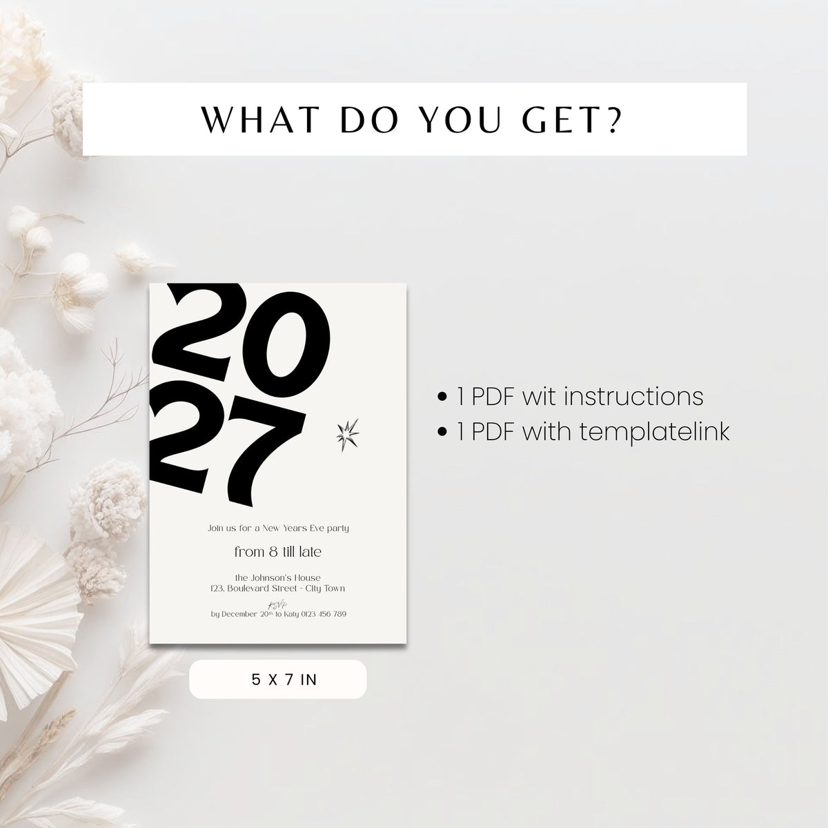 Modern New Year’s Eve 2027 party invitation template, detail view
