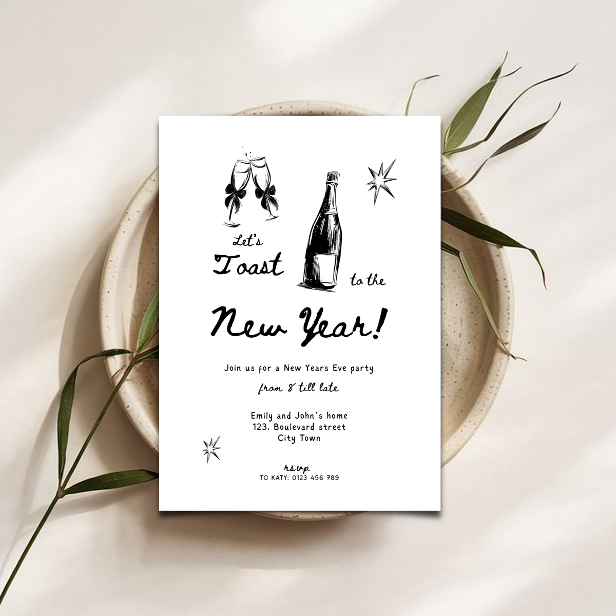 Hand drawn New Year’s Eve 2027 party invitation template preview, editable in Canva