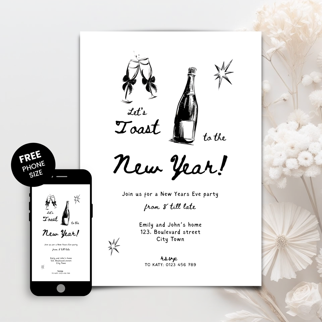 Close-up of the hand drawn champagne design on the New Year’s Eve invitation template