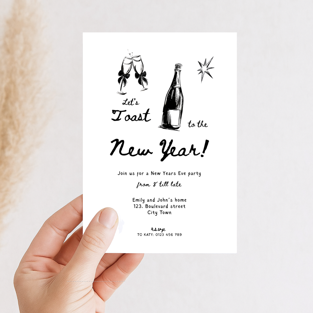 Hand drawn New Year’s Eve party invitation template with sketched champagne glasses and bottle and a Let’s Toast to the New Year heading, with a phone mockup