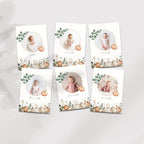 Six baby photo cards arranged in two rows on a light gray background. Each card has a white base with a circular photo frame, green eucalyptus leaves, small pumpkins, and a decorative floral border.