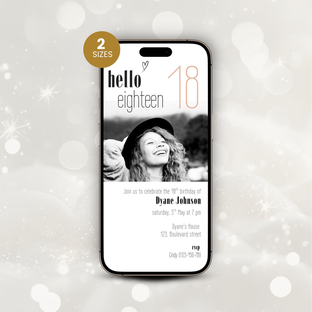 Phone displaying a 18th birthday invitation with 'hello eighteen' text on a light gray background.