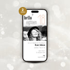 Phone displaying a 18th birthday invitation with 'hello eighteen' text on a light gray background.