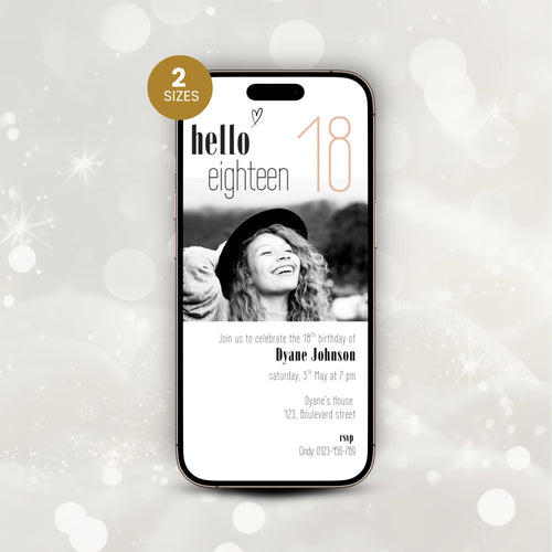 Phone displaying a 18th birthday invitation with 'hello eighteen' text on a light gray background.