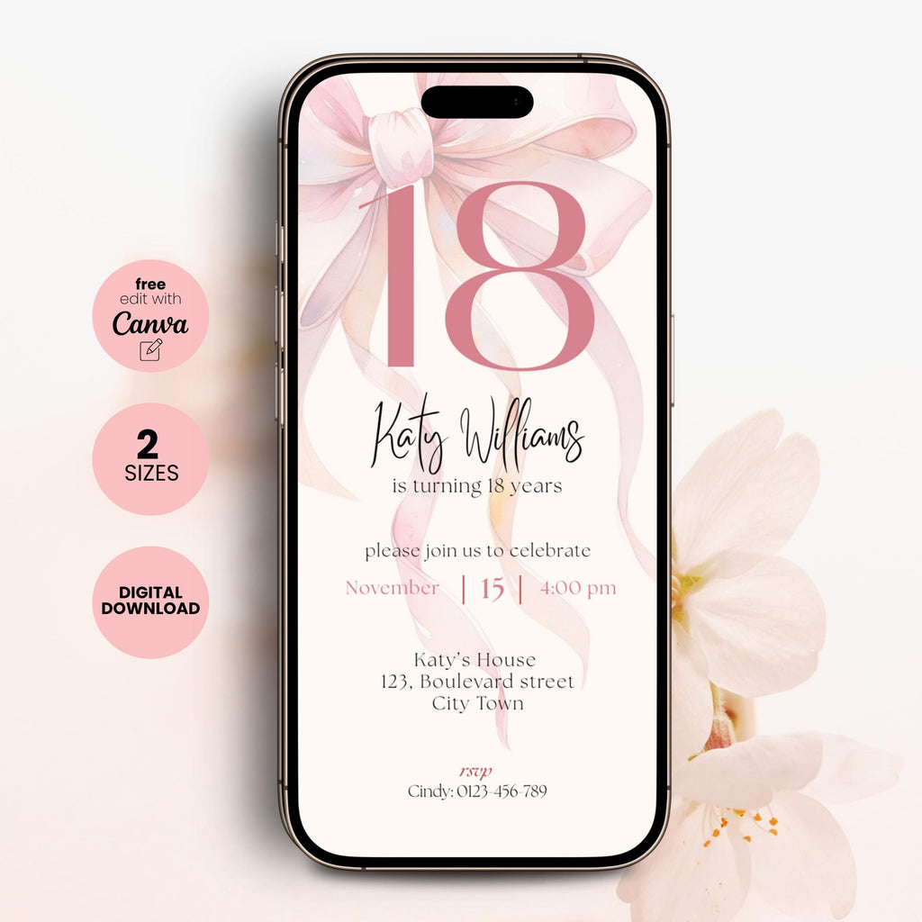 Phone screen displaying an pink bow 18th birthday invitation with floral design and Canva branding.