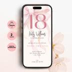 Phone screen displaying an pink bow 18th birthday invitation with floral design and Canva branding.