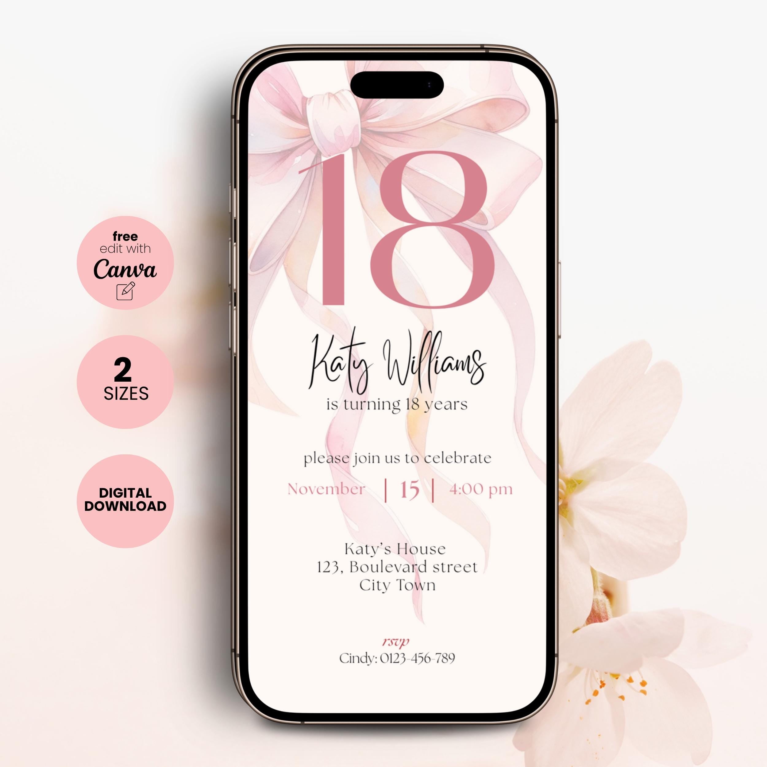 Phone screen displaying an pink bow 18th birthday invitation with floral design and Canva branding.