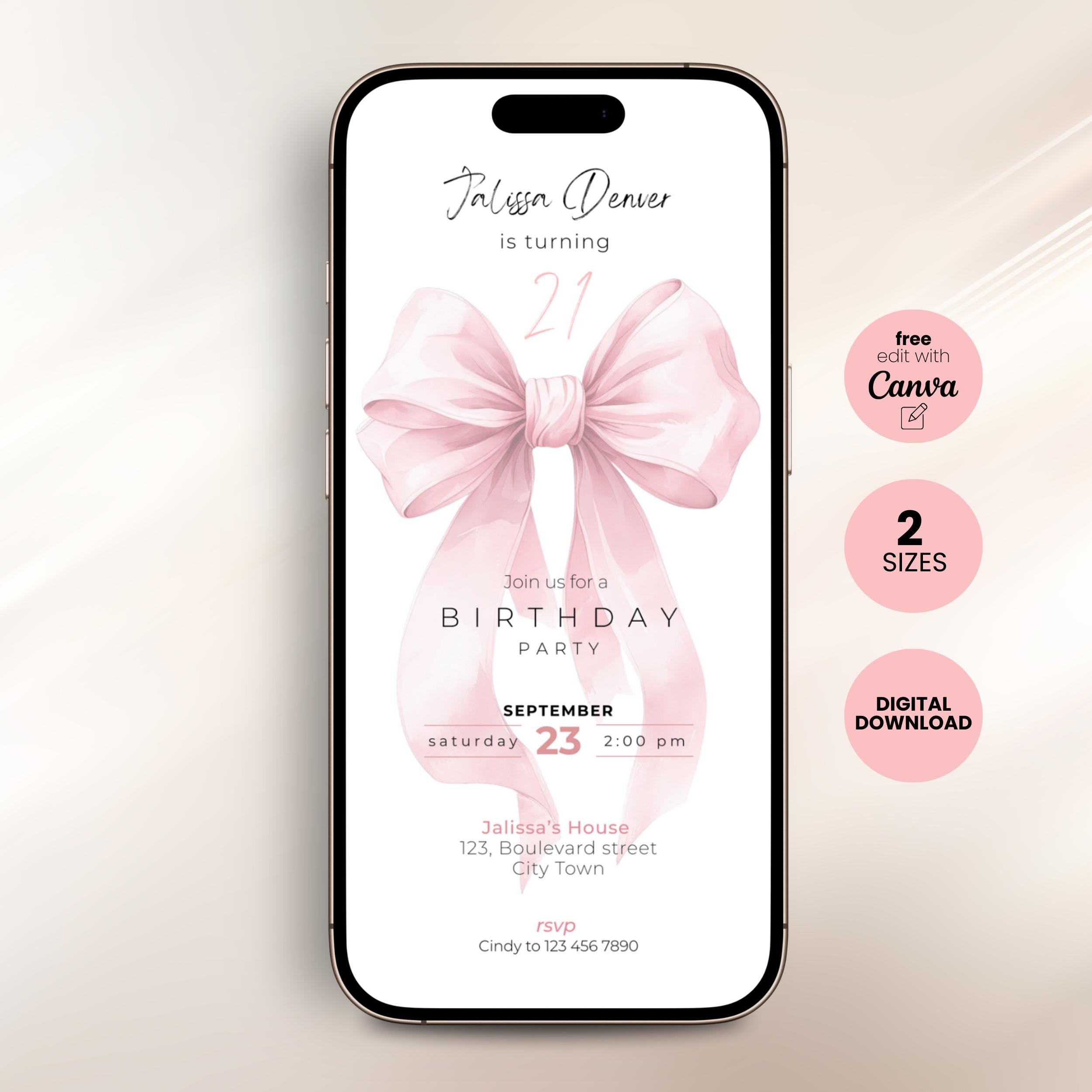 Phone screen displaying a 21st birthday party invitation with a pink bow graphic.