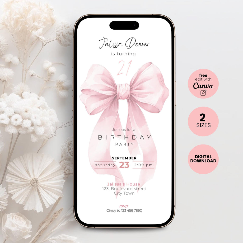 Phone screen displaying a 21st birthday invitation with a pink bow graphic, surrounded by white flowers.