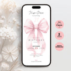 Phone screen displaying a 21st birthday invitation with a pink bow graphic, surrounded by white flowers.