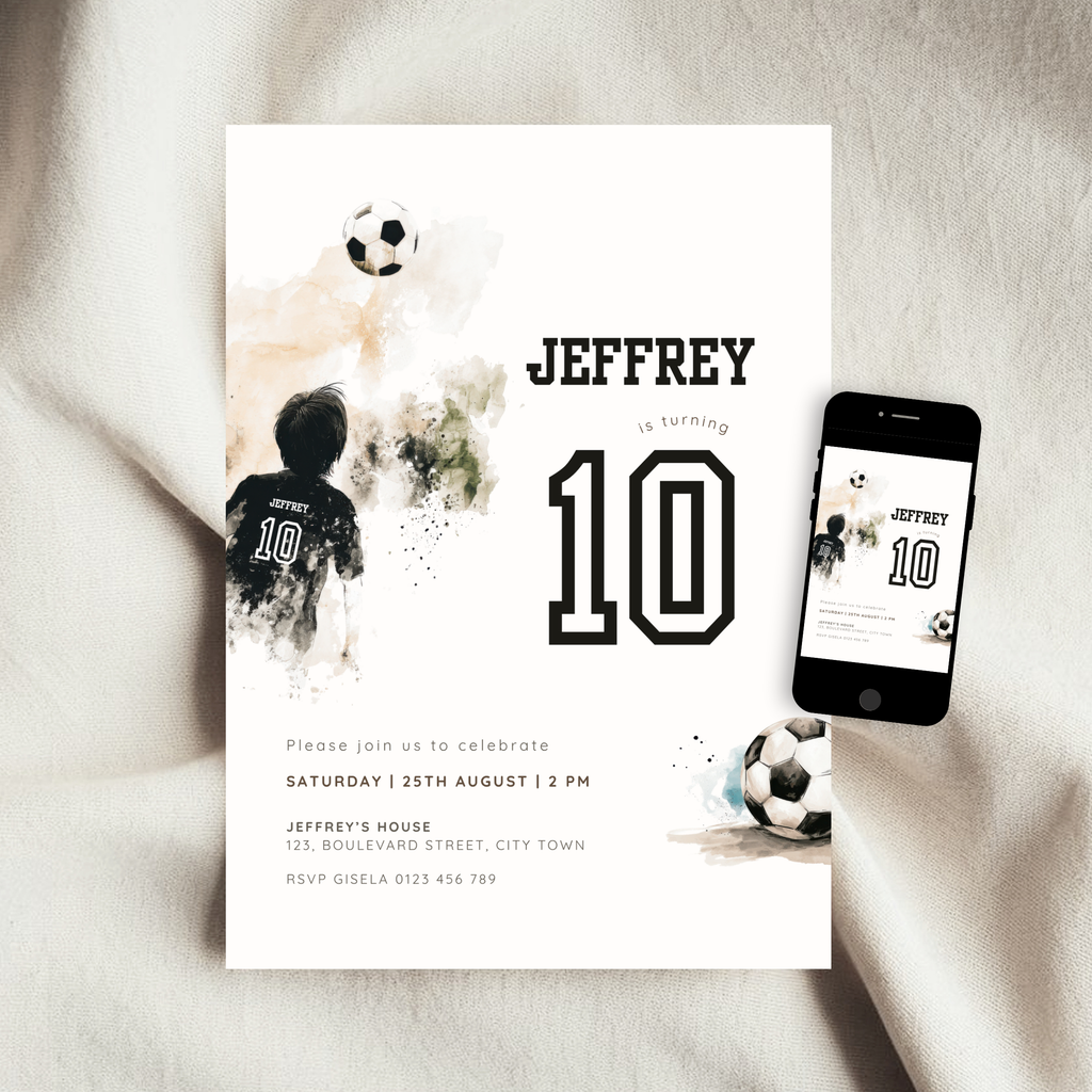 A soccer-themed 10th birthday invitation card for 'Jeffrey' is displayed on a soft beige fabric background next to a smartphone showing the digital design preview. The card features a white base with black text, a watercolor soccer player silhouette, and soccer ball illustrations.