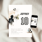 A soccer-themed 10th birthday invitation card for 'Jeffrey' is displayed on a soft beige fabric background next to a smartphone showing the digital design preview. The card features a white base with black text, a watercolor soccer player silhouette, and soccer ball illustrations.