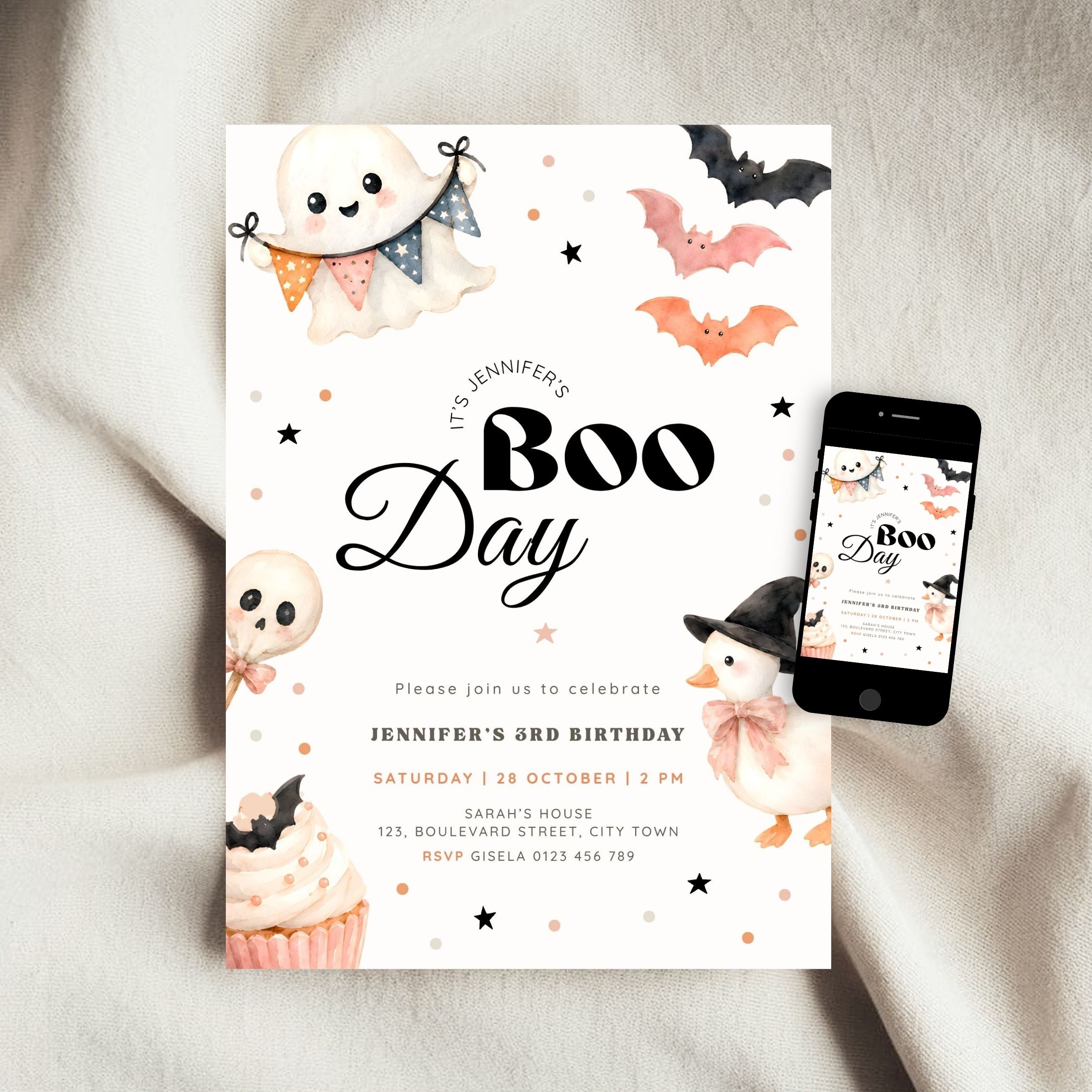 Halloween Boo Day 3rd Birthday Invitation Template Girls