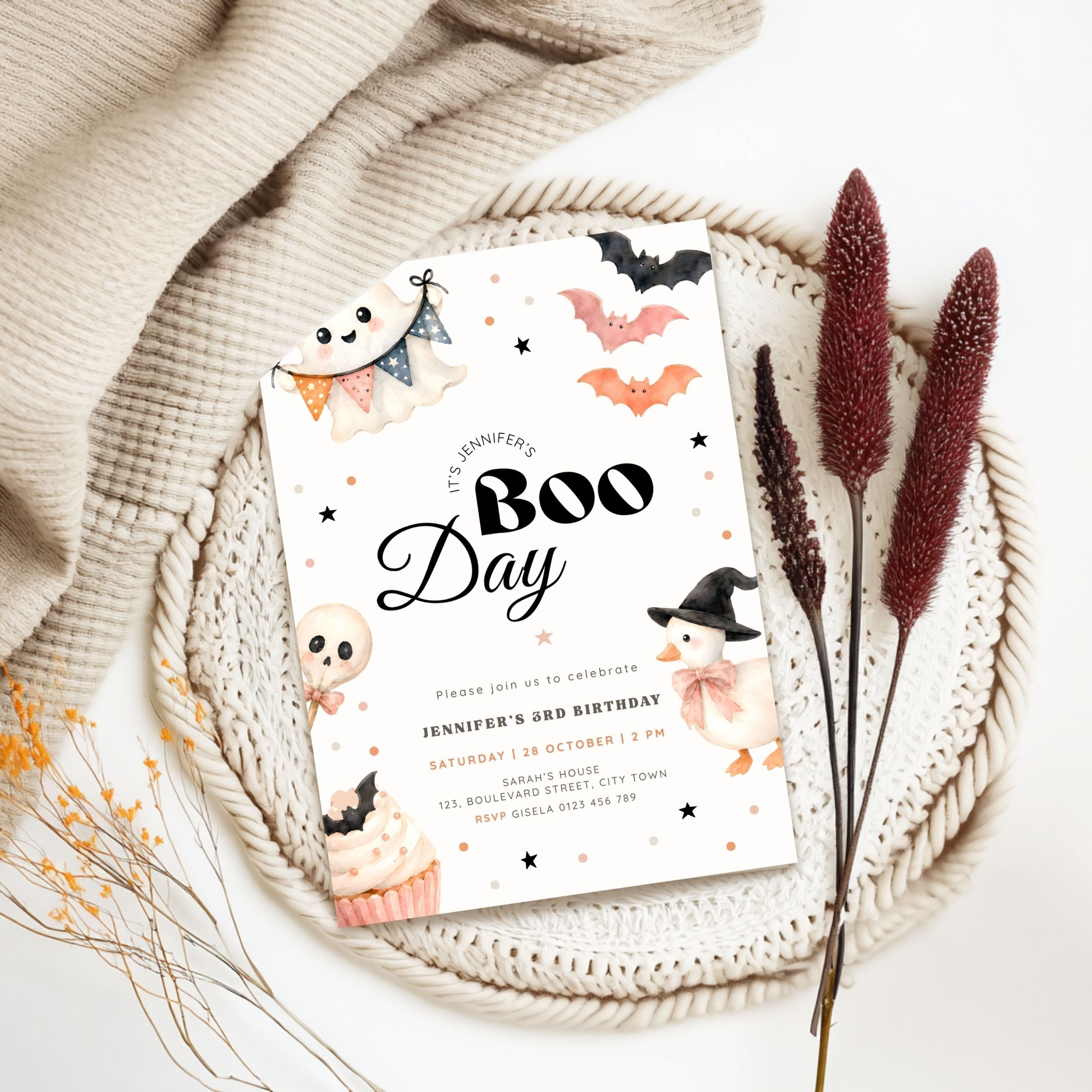 Halloween Boo Day 3rd Birthday Invitation Template Girls
