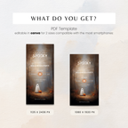 A promotional graphic for a Halloween PDF template showing two vertical flyer designs side by side with size labels below each. Text at the top reads 'WHAT DO YOU GET?' and 'PDF Template,' with smaller text noting Canva editing and smartphone compatibility.
