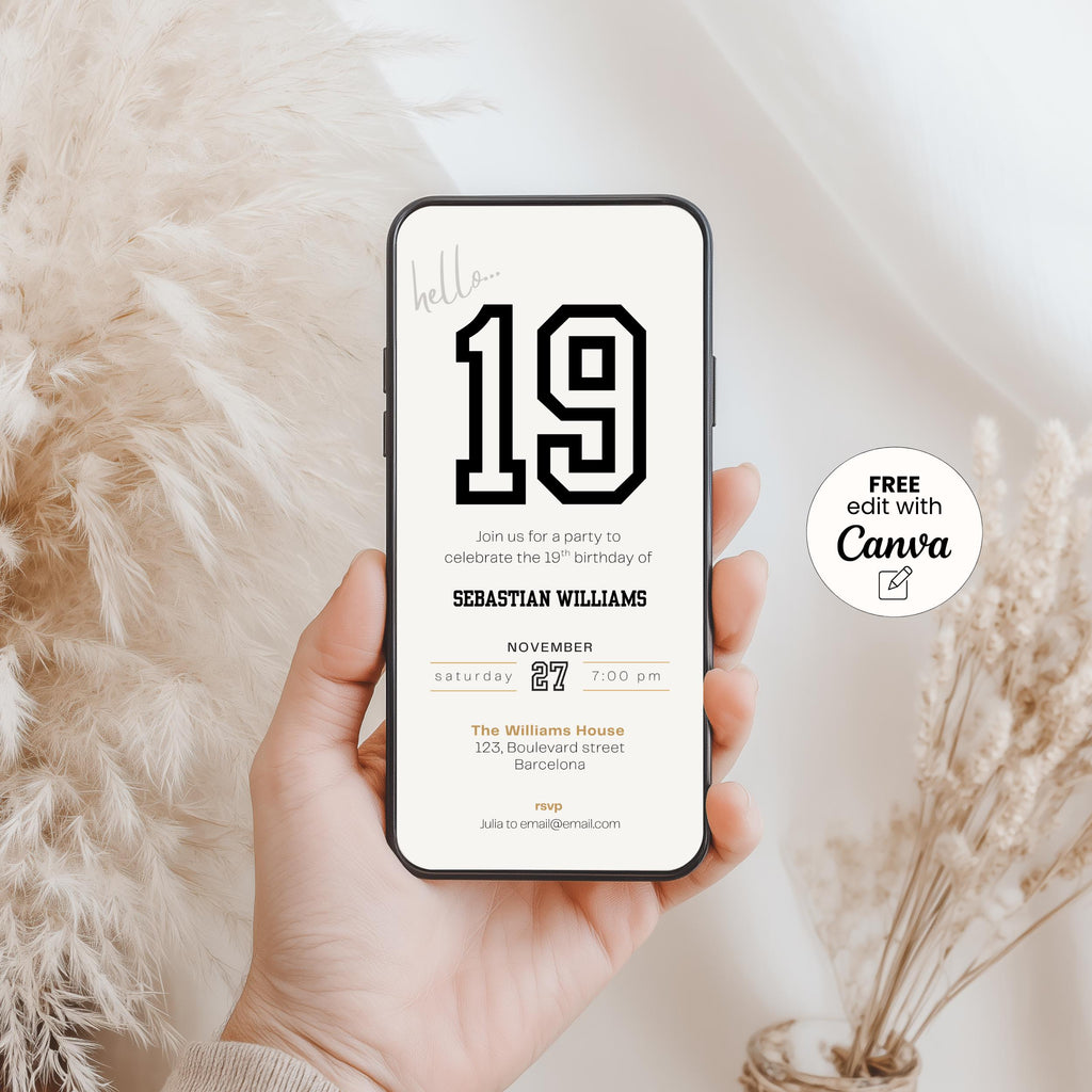 Hand holding a smartphone with a 19th birthday invitation on the screen, set against a soft beige background.